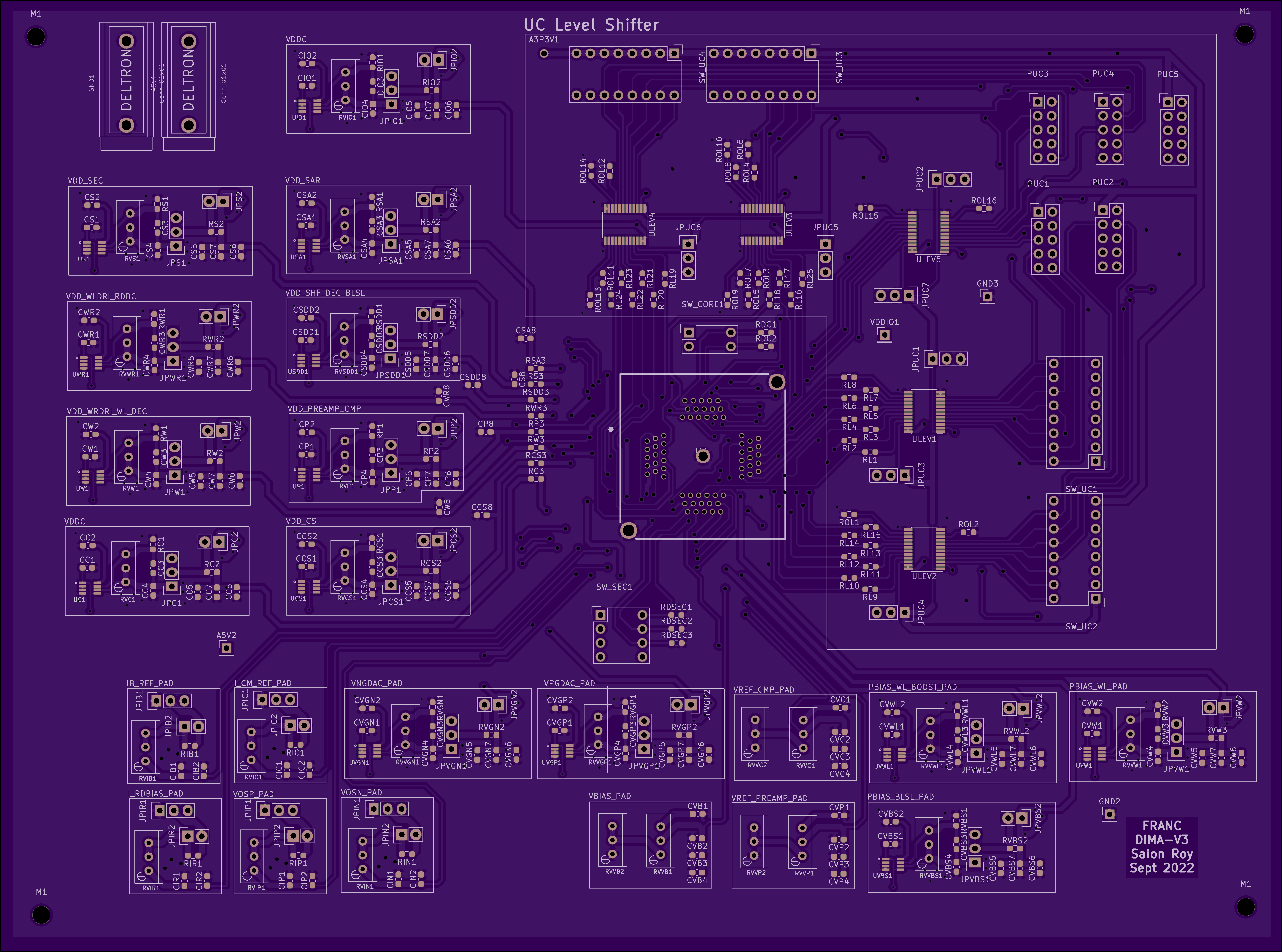 Front rendering of the purple custom MRAM IMC test printed circuit board